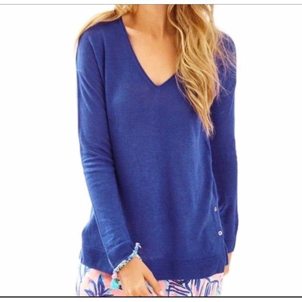 Lilly Pulitzer Liesel Royal Blue Linen V-Neck Sweater Side Button XS Oversized